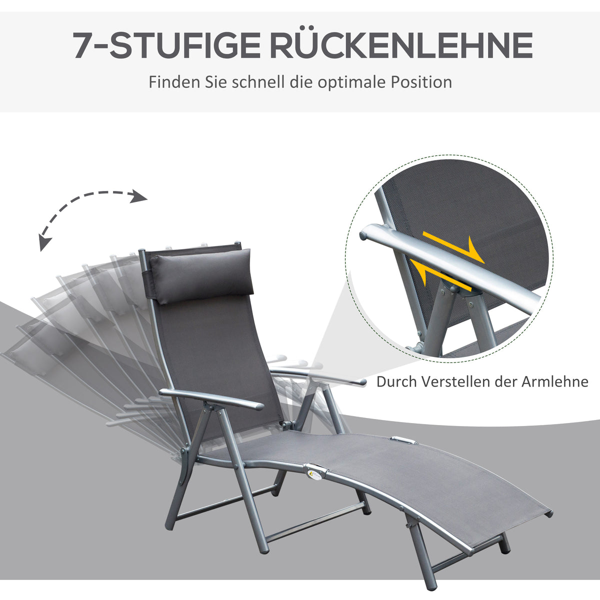 Outsunny Sonnenliege klappbar Strandliege mit Kissen Liegestuhl mit 7-Fach verstellbare Rückenlehne Gartenliege Relaxliege Gartenstuhl bis 165 kg belastbar, für Garten Urlaub Outdoor Strand Pool, Grau