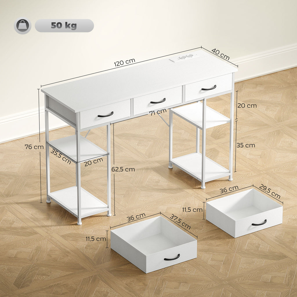 HOMCOM Schreibtisch mit Aufbewahrung mit Steckdosen, 3 Stoffschubladen und 4 Aufbewahrungsregalen, 120 x 40 x 76 cm, Weiß