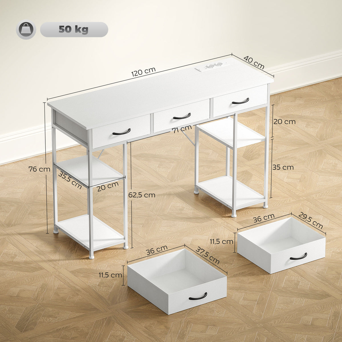 HOMCOM Schreibtisch mit Aufbewahrung mit Steckdosen, 3 Stoffschubladen und 4 Aufbewahrungsregalen, 120 x 40 x 76 cm, Weiß