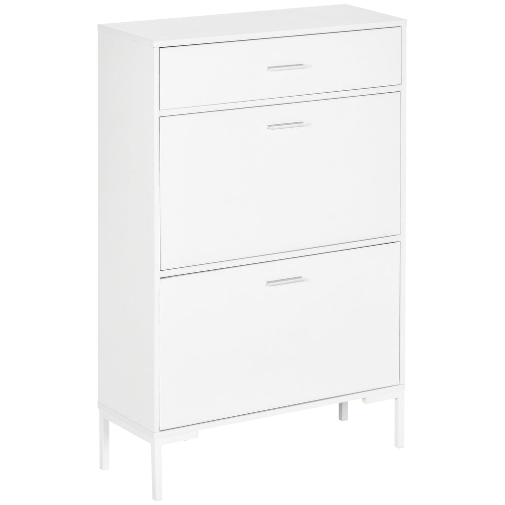 HOMCOM Moderner Schuhschrank für 12 Paare Schuhe mit 2 Klappflügeltüren und Schublade, 76x26x110 cm, Weiß