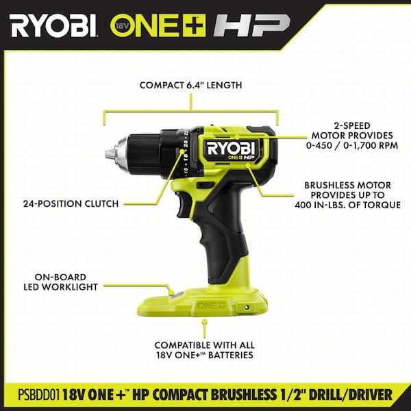 ONE+ HP 18V Brushless Cordless Compact 1/2 In. Drill/Driver Kit with (2) 1.5 Ah Batteries, Charger and Bag