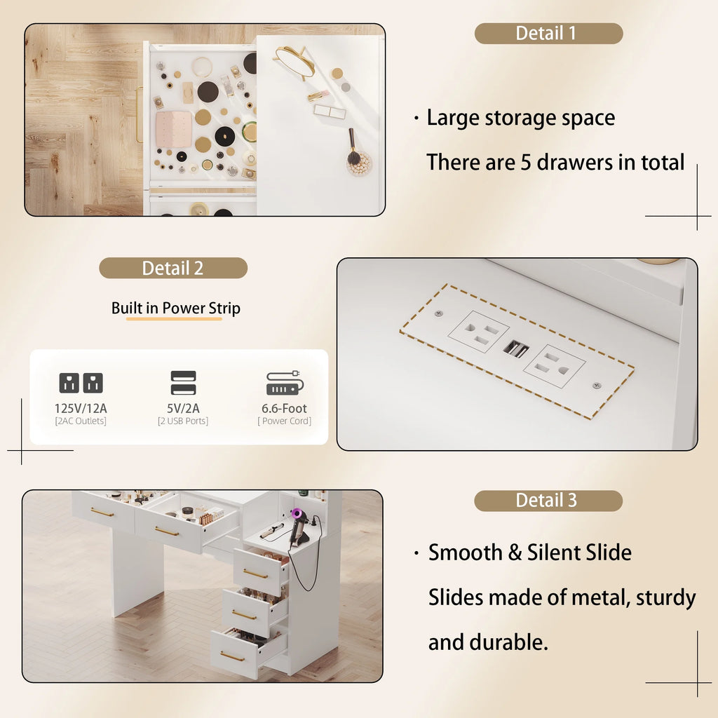 UGTOO 58.3" White Vanity Desk with Mirror, Adjustable Lighting, Power Outlet, Drawers, with Stool