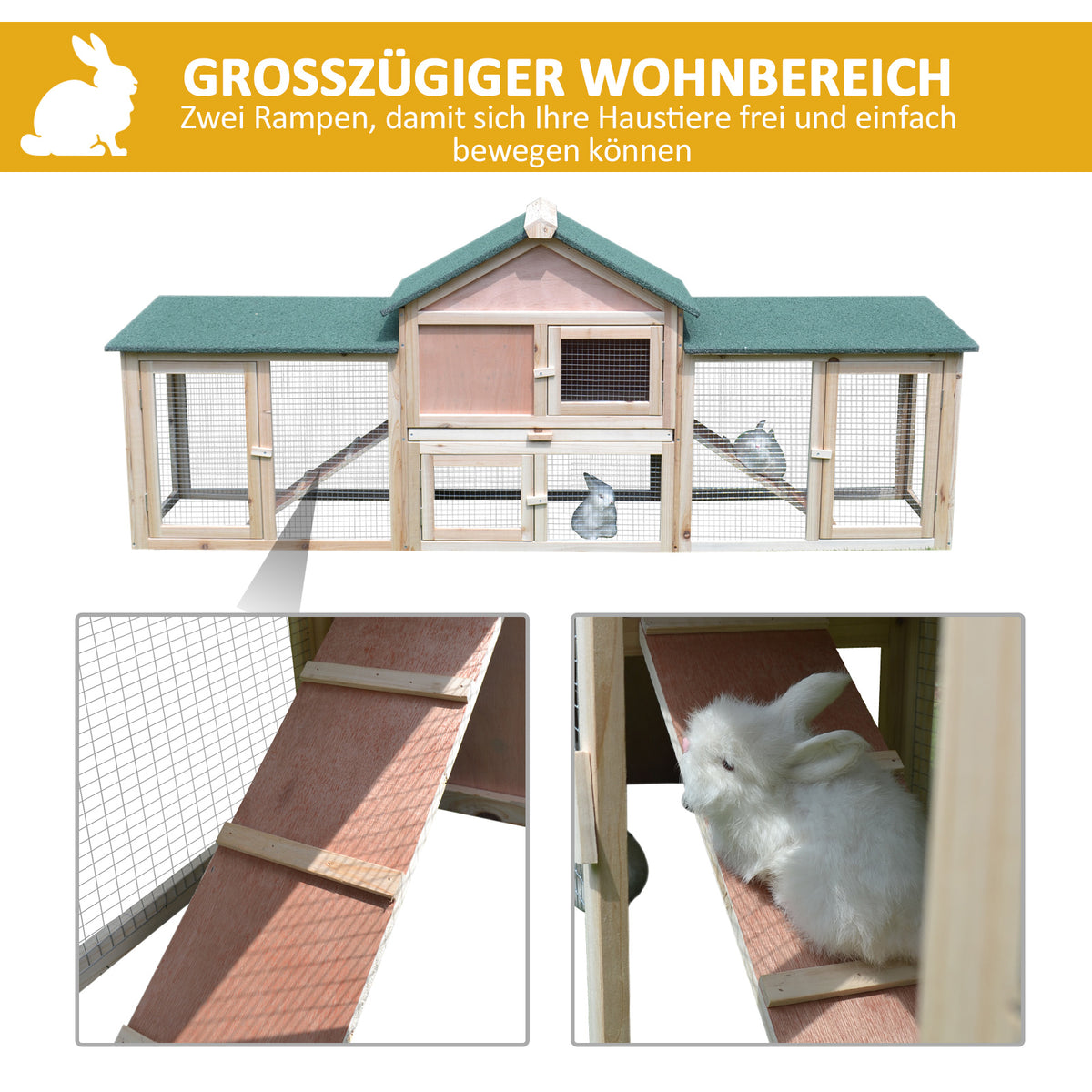 Pawhut Kleintierstall mit 2 Freiluftgehegen Tannenholz Grau + Schwarz