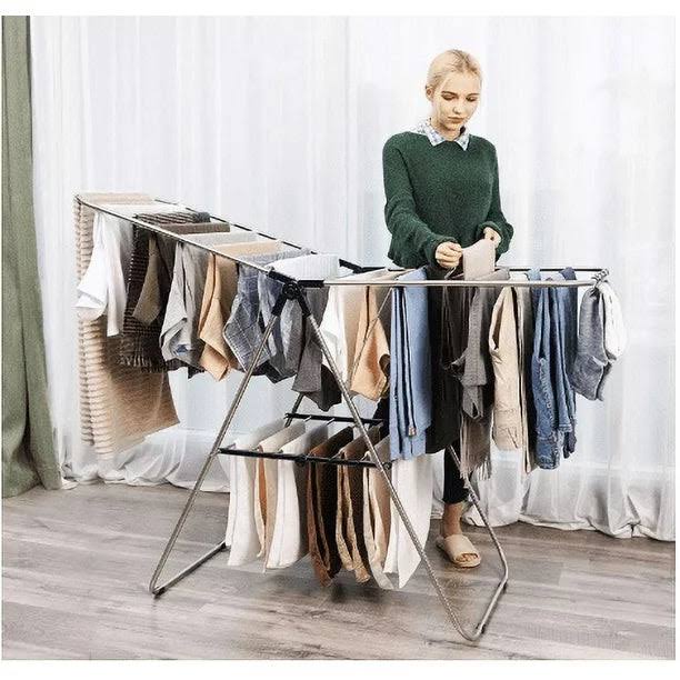 Cheflaud Clothes Drying Rack with Bonus Sock Clips Stainless Steel Gullwing Space-Saving Laundry Rack Foldable for Easy Stora