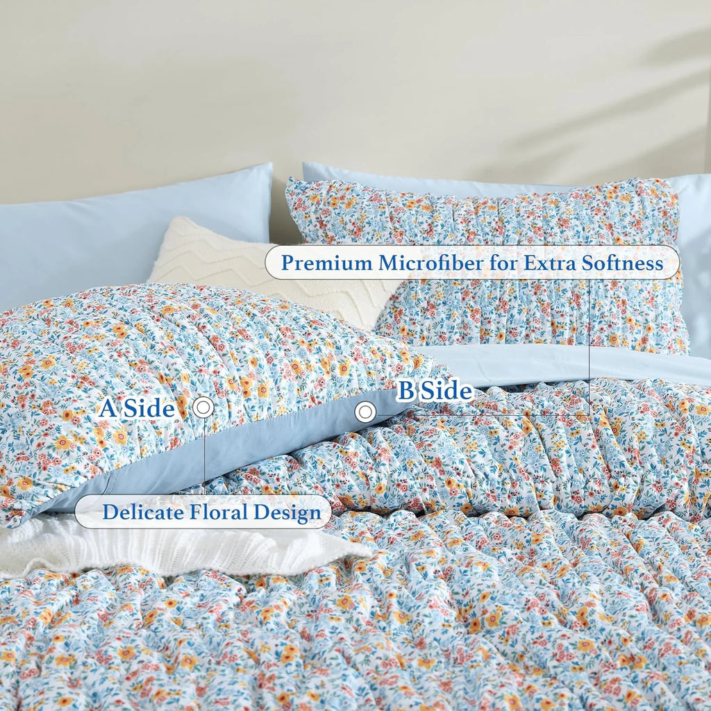 7 Pieces Blue Classic Puff Floral Bedding Sets for All Seasons, Shabby Chic Farmhouse Bed in a Bag Queen with Wildflowers Fluffy Comforter, Sheets, Pillowcases & Shams