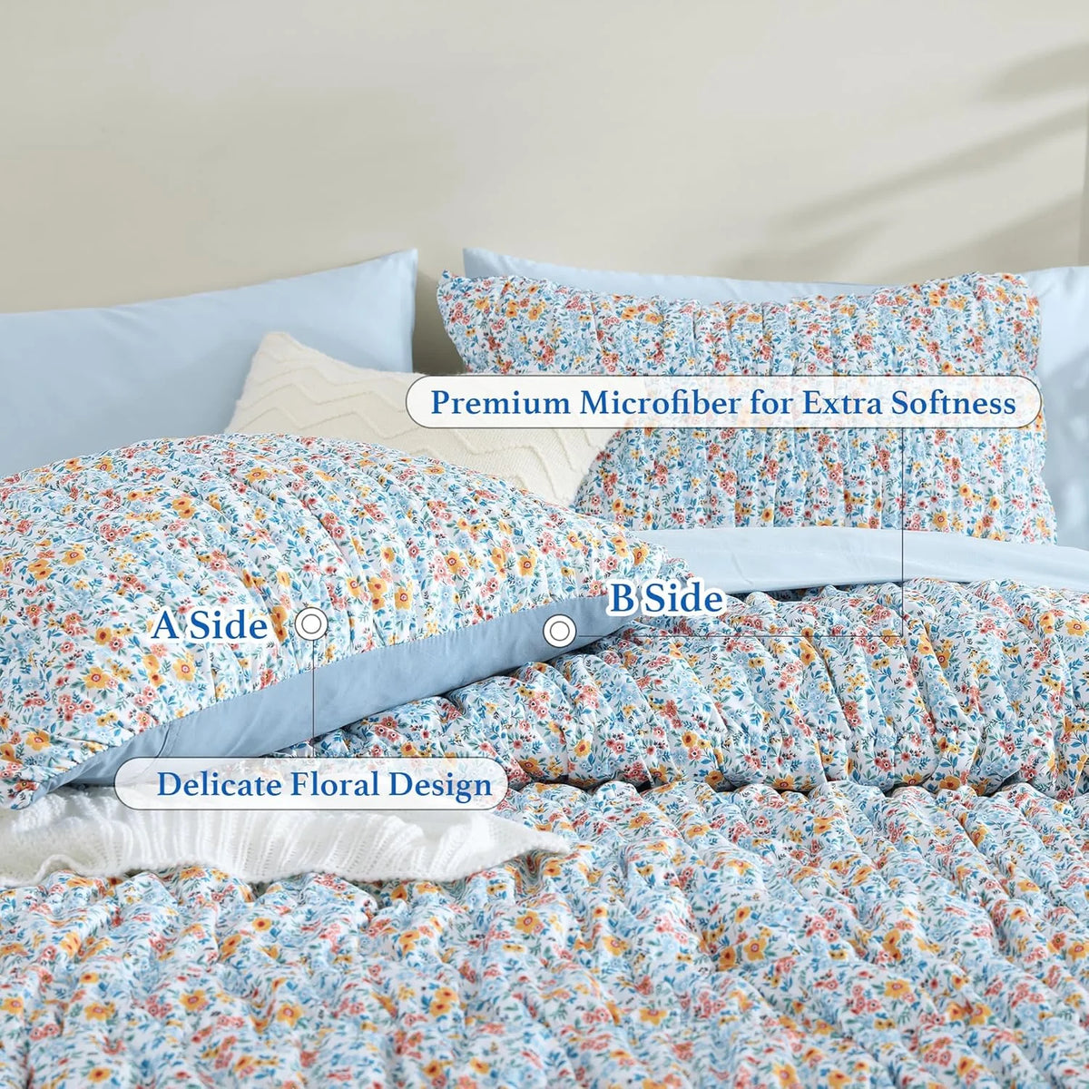 7 Pieces Blue Classic Puff Floral Bedding Sets for All Seasons, Shabby Chic Farmhouse Bed in a Bag Queen with Wildflowers Fluffy Comforter, Sheets, Pillowcases & Shams