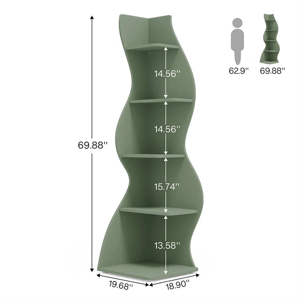 Finihen 5 - Tier Corner Bookcase, Wood Bookshelf Storage Organizer, 70" Tall Display Standing Shelf Unit for Bedroom, Living Room, Green