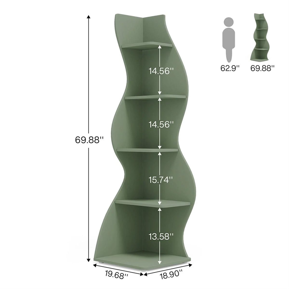 Finihen 5 - Tier Corner Bookcase, Wood Bookshelf Storage Organizer, 70" Tall Display Standing Shelf Unit for Bedroom, Living Room, Green