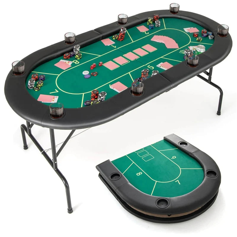 72" Foldable Poker Table for 8 Players with 8 Cup Holders & Casino-Grade Felt, Portable Oval Texas Holdem Card Table for Blackjack, No Assembly