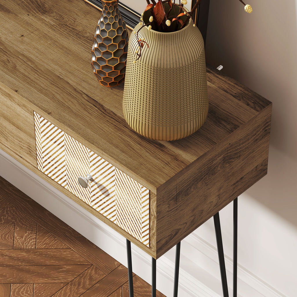 HOMCOM Konsolentisch mit 3 Schubladen, schmaler Eingangstisch mit Stahlhaarnadelbeinen, 90 x 30 x 75 cm, braun