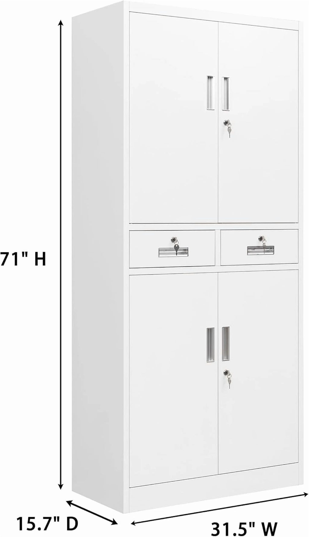 CMY Metal Storage Cabinet, 71" H x 32" W x 16" D Locking Cabinet with Adjustable Shelves and 2 Drawers, Steel Storage Cabinet for Office, Garage, Home, School, Utility Room - White