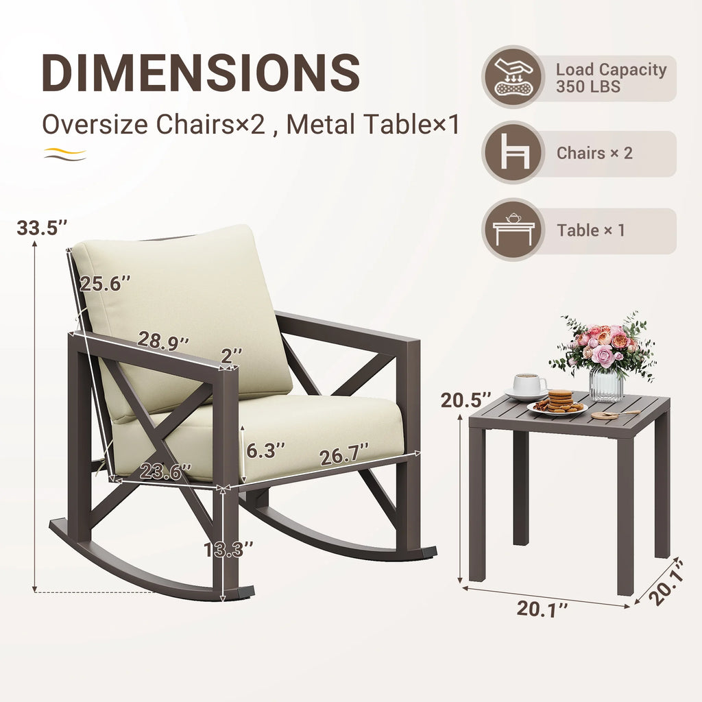 MRUAKA Rocking Chair Bistro Set, 3 Piece Outdoor Patio Furniture Set with 2 Rockers and 1 Metal Coffee Table with Thick Cushions for Porch, Backyard, Poolside, Beige