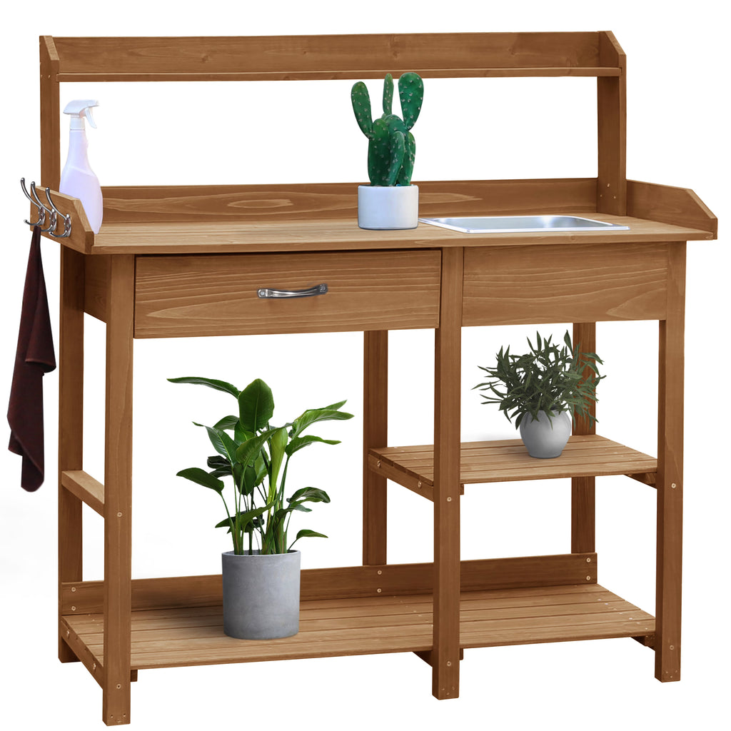 VEIKOUS Wood Potting Bench Garden Table W/ Removable Stainless Sink & Shelves, Natural