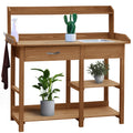 VEIKOUS Wood Potting Bench Garden Table W/ Removable Stainless Sink & Shelves, Natural