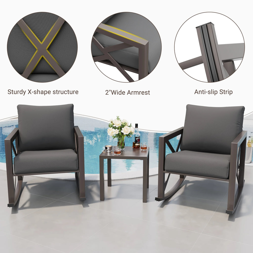 MRUAKA Rocking Chair Bistro Set, 3 Piece Outdoor Patio Furniture Set with 2 Rockers and 1 Metal Coffee Table with Thick Cushions for Porch, Backyard, Poolside, Beige
