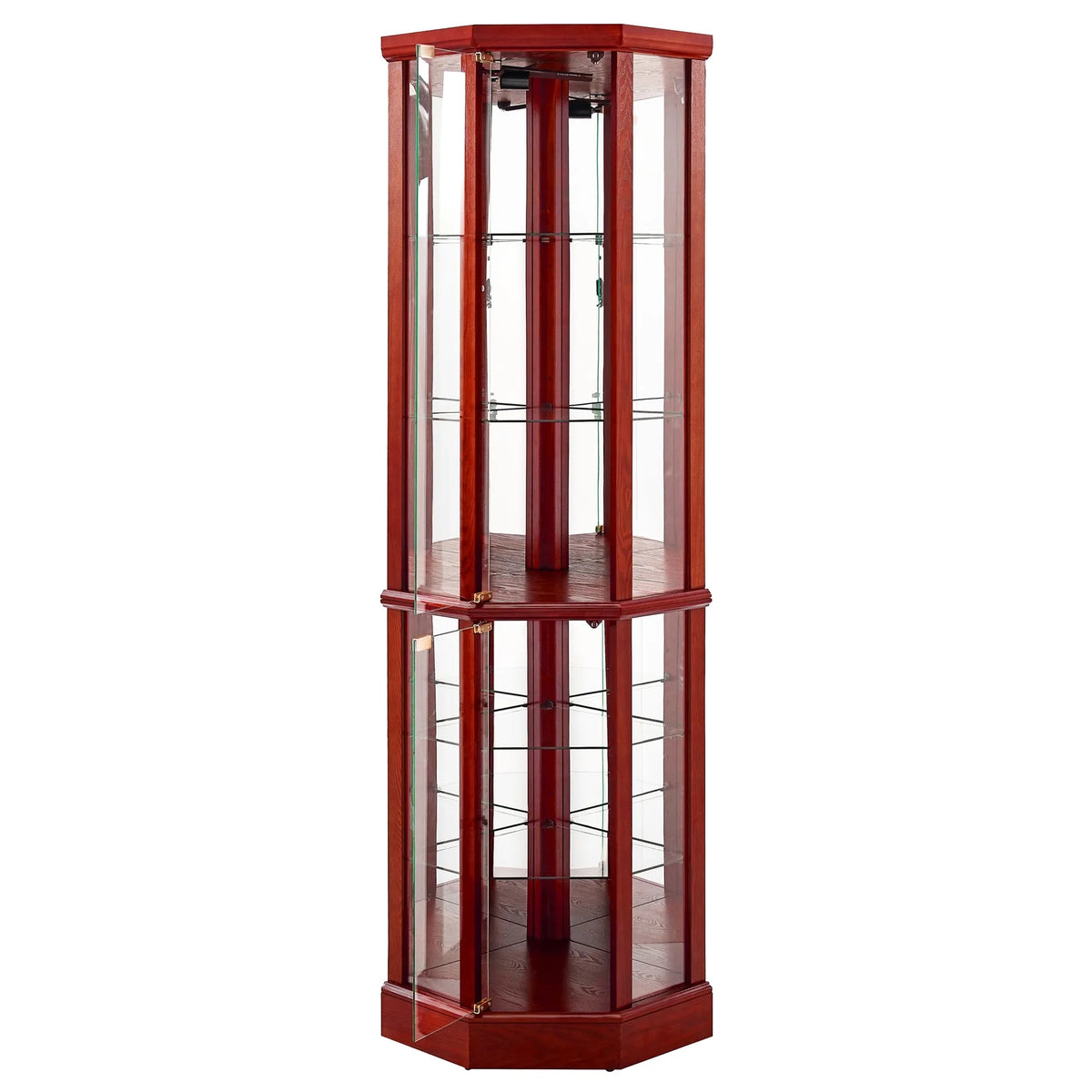 Walnut Cabinet with 6 Shelves, Adjustable Glass & Mirrored Back Design Shelf Lighted Corner Curio Shelves in