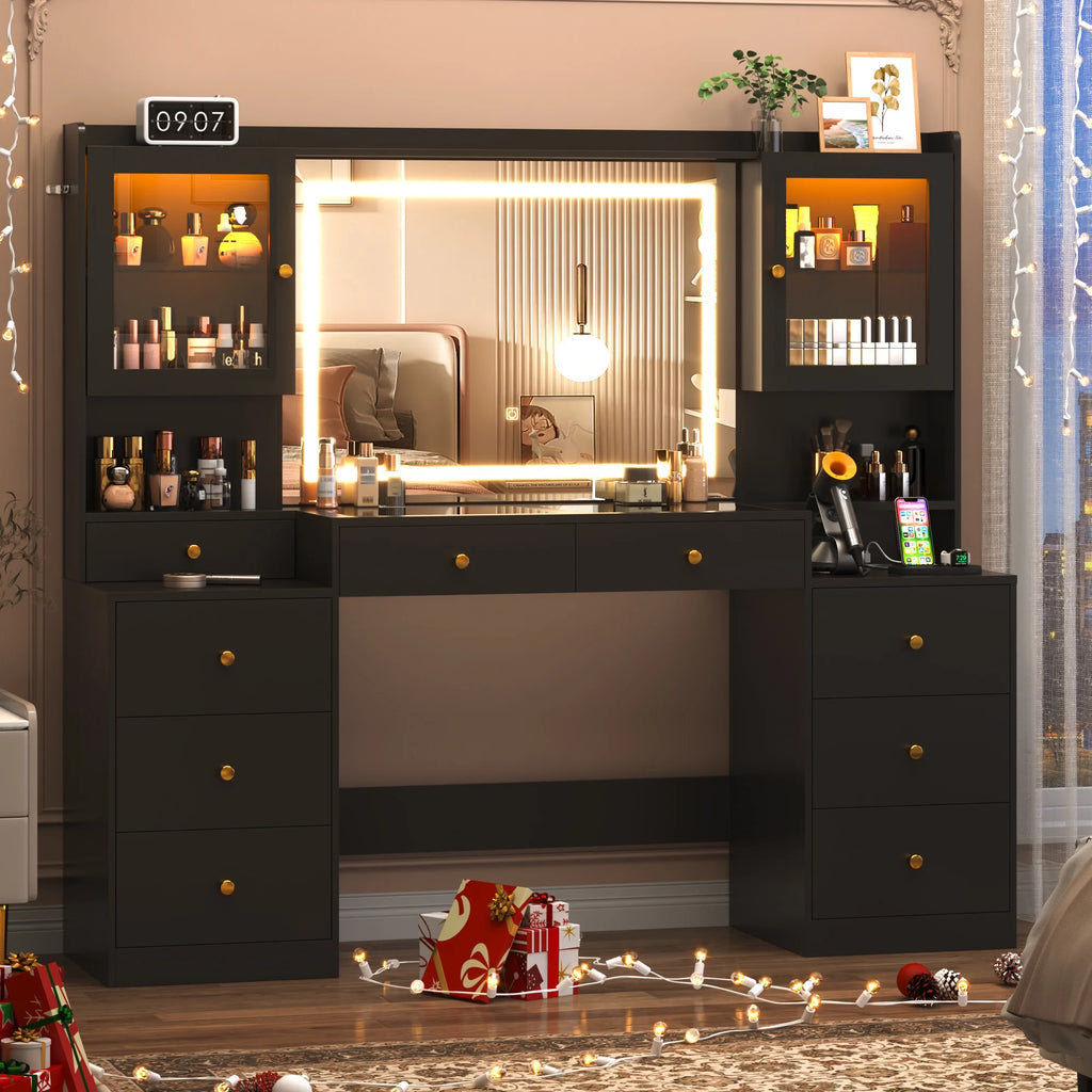 Blotout 62'' Large Vanity Desk W/60000 - Color LED Lights, Tempered Glass Top, Power Outlet, Makeup Vanity Table W/ 3 Lights Mode Mirror, 9 Drawers, 2 RGB Cabinets, LED Dressing Table for Girls, Women