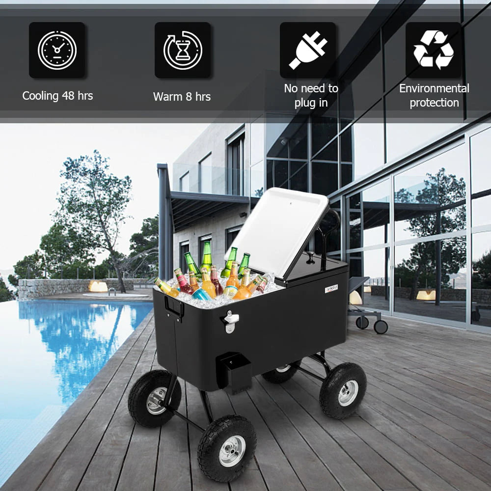 VINGLI 80 Quart Wagon Rolling Cooler Ice Chest, W/Long Handle and 10" Wheels, Portable Beach Patio Party Bar Cold Drink Beverage, Outdoor Park Cart on Wheels