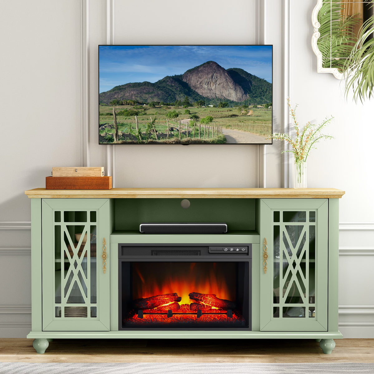 FESTIVO Elegant 61" TV Stand with Fireplace - Green