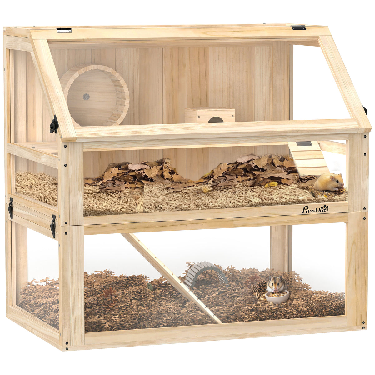 PawHut Hamsterkäfig aus Holz 3 Etagen Nagarium Nagerkäfig mit klappbarem Deckel Laufrad 80 x 50 x 76 cm Naturholz
