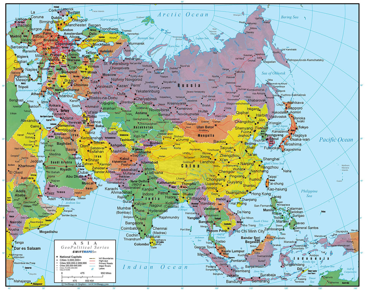 Asia Wall Map Geopolitical Edition by Swiftmaps (36x44 Laminated)