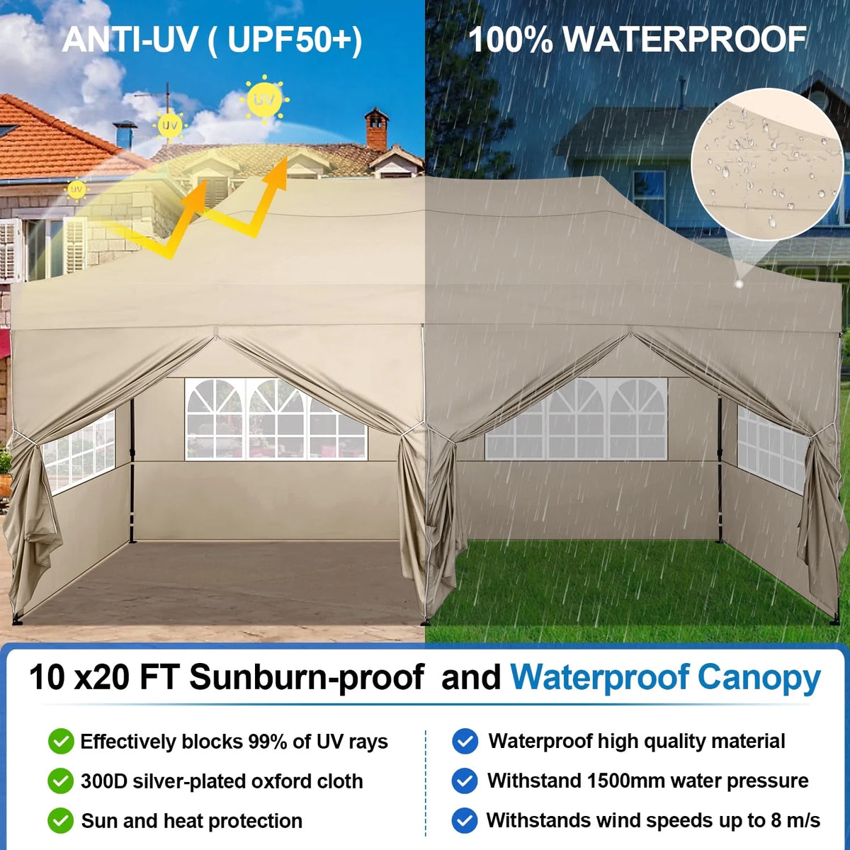 10'X20' Pop up Canopy Waterproof Folding Tent Outdoor Easy Set - up Instant Tent Heavy Duty Commercial Wedding Party Shelter with 6 Removable Sidewalls, 4 Sandbags, Roller Bag, Khaki