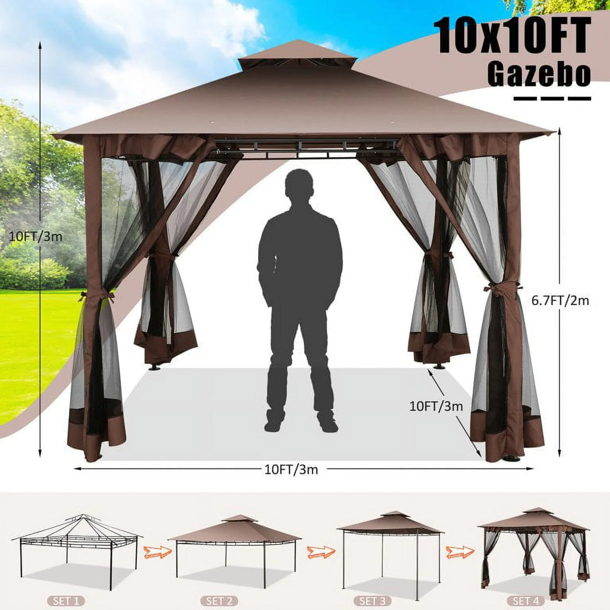 SANOPY 10' x 10' Gazebos for Patios, Gazebo Canopy with 4 Mosquito Netting, Rainproof & Sunscreen Shelter Tent with Double Eaves for Garden Backyard and Deck