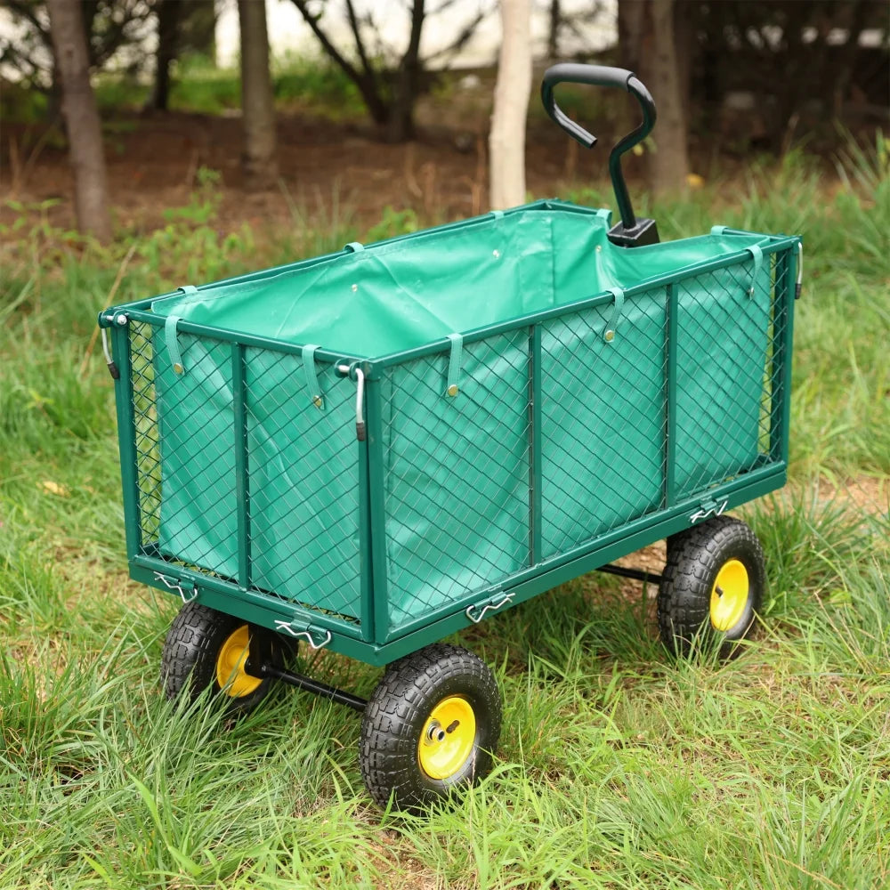 Gzxs Heavy Duty 880 lb Capacity Mesh Steel Garden Cart, Folding Utility Wagon with Removable Sides, Cart Liner, Storage Basket and 10" Large Wheels (Green)