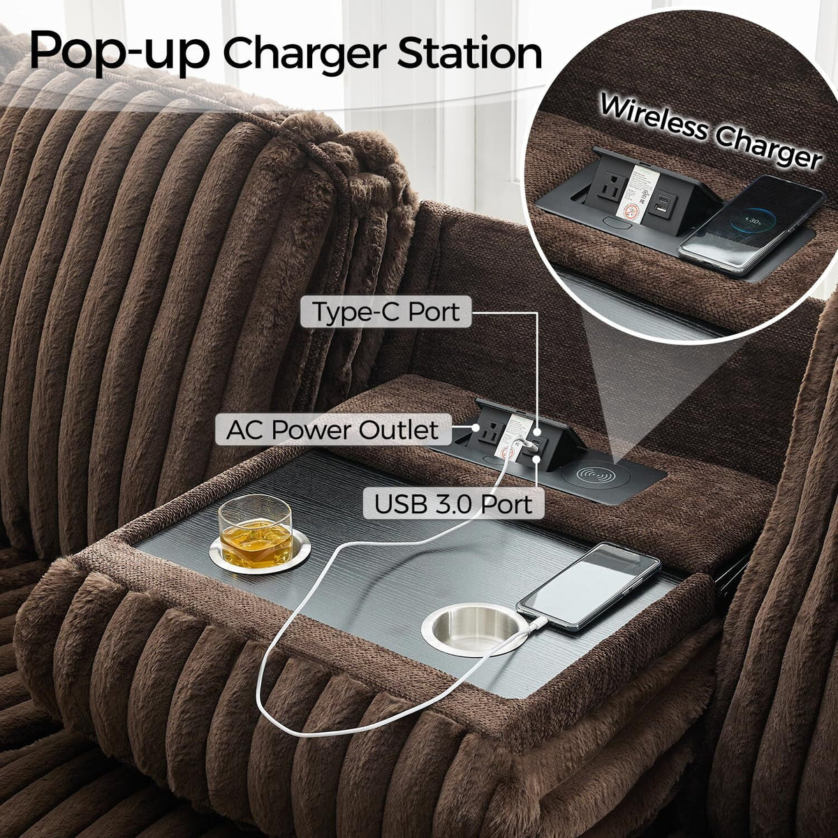 Power Reclining Sectional Sofa with Wireless Charger, 6 - Seater Faux Fur Sectional with Recliners, Hidden Cup Holders, Storage Console, USB & Type - C Ports, Black