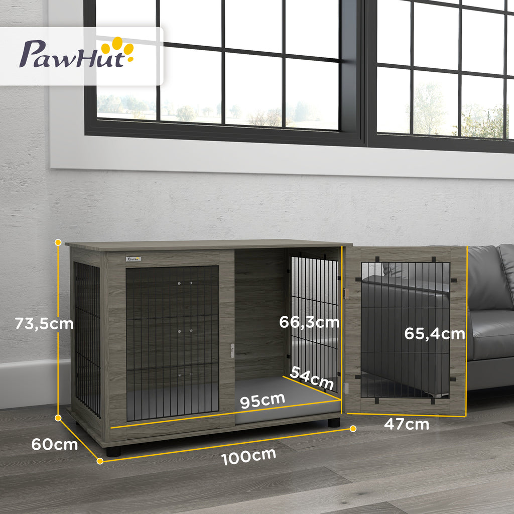PawHut Hundekäfig 2-in-1 Beistelltisch mit abnehmbarem Plüschkissen, verriegelbarer Tür 100 x 60 x 73,5 cm in Grau