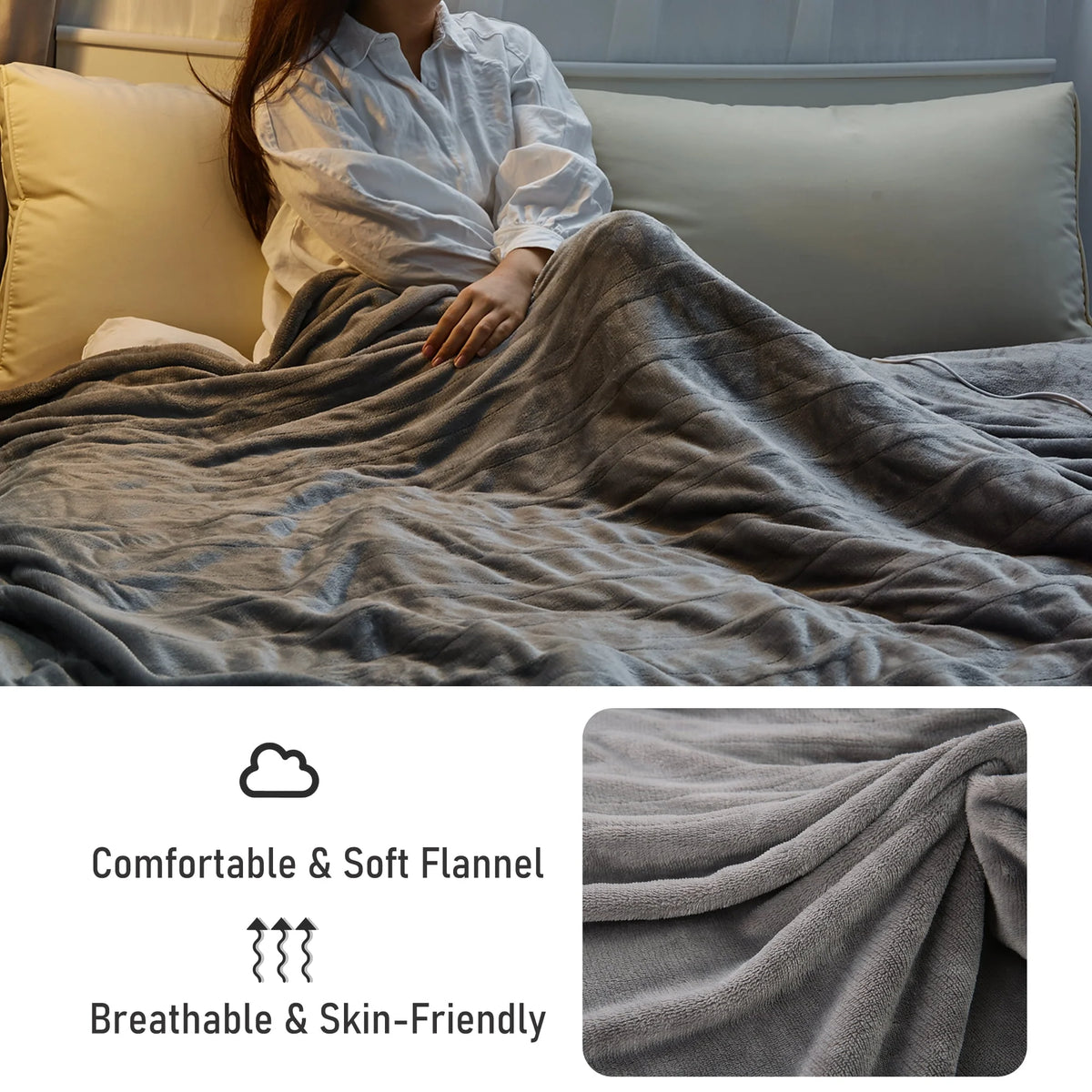 MARNUR Electric Heated Blanket Twin Size 62" x 84" with 4 Heating Levels, 10H Auto - Off, Machine Washable - Gray