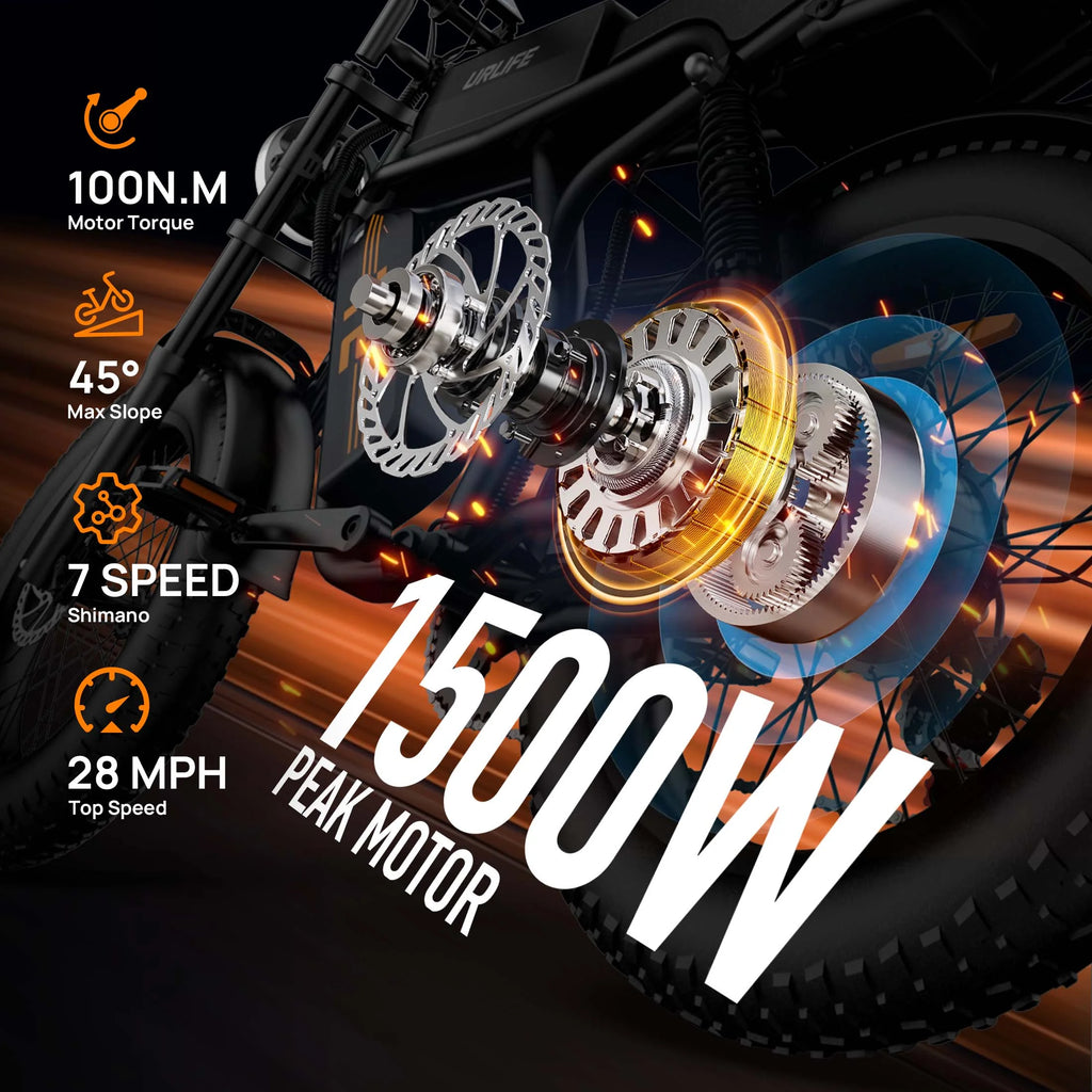 URLIFE 1500W Electric Bike for Adults, 20"4.0 Fat Tire Ebike, 48V 15.6ah Removable Battery, 7 - Speed E - Mountain Bikes, All - Terrain Off - Road Electric Bicycle, UL2849 Certified(Black)