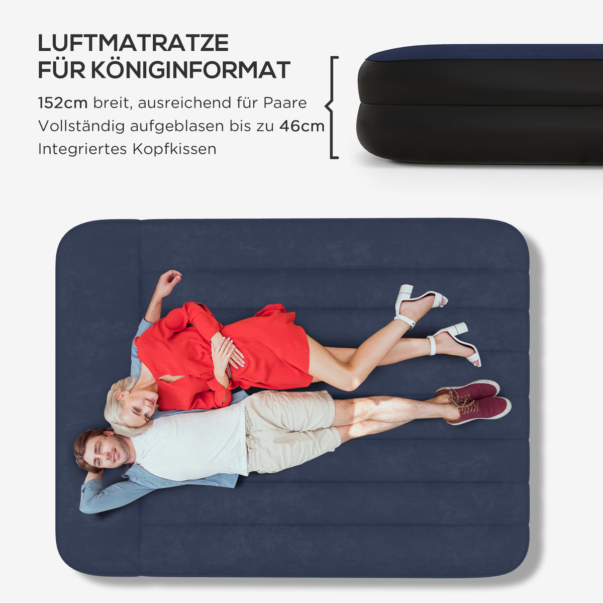 Outsunny Campingmatratze für 2 Personen, aufblasbar, eingebaute Pumpe, Tragetasche, 203 x 152 x 46 cm, Dunkelblau/Schwarz