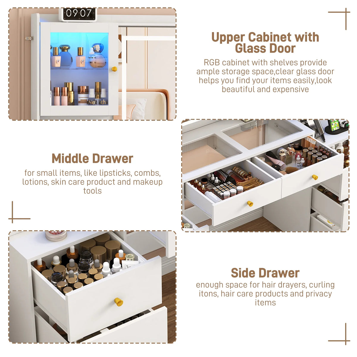 Blotout 62'' Large Vanity Desk W/60000 - Color LED Lights, Tempered Glass Top, Power Outlet, Makeup Vanity Table W/ 3 Lights Mode Mirror, 9 Drawers, 2 RGB Cabinets, LED Dressing Table for Girls, Women