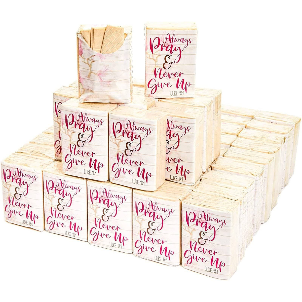 60 Pack Pocket-Size Tissues Bulk, Always Pray and Never Give Up Luke 18:1, for Party Favors, Graduation Ceremonies, Funeral, 3-Ply, Brown