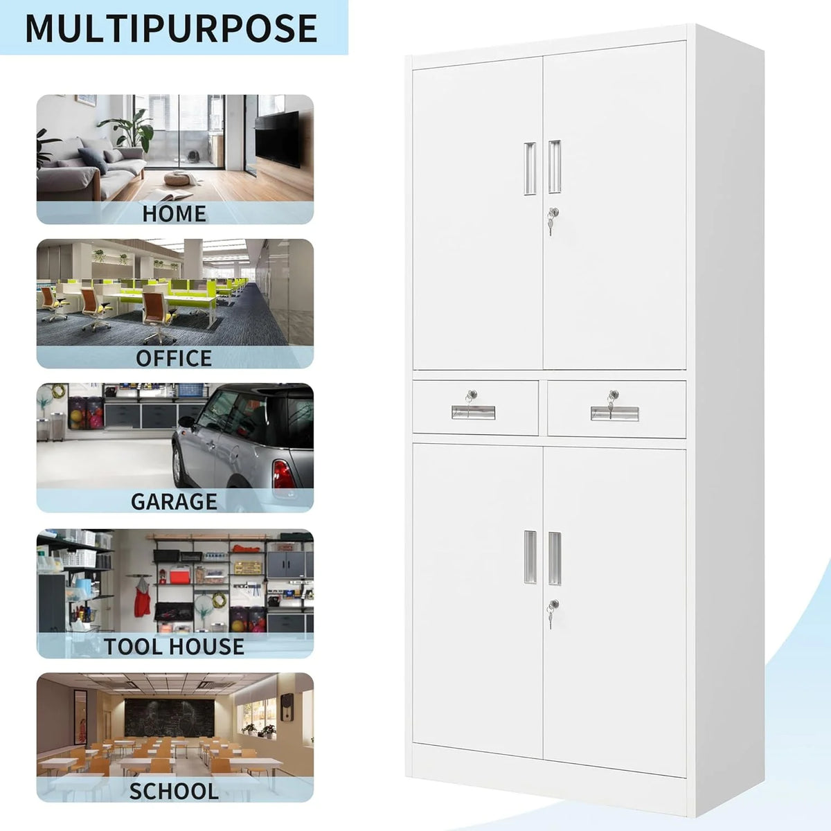 CMY Metal Storage Cabinet, 71" H x 32" W x 16" D Locking Cabinet with Adjustable Shelves and 2 Drawers, Steel Storage Cabinet for Office, Garage, Home, School, Utility Room - White