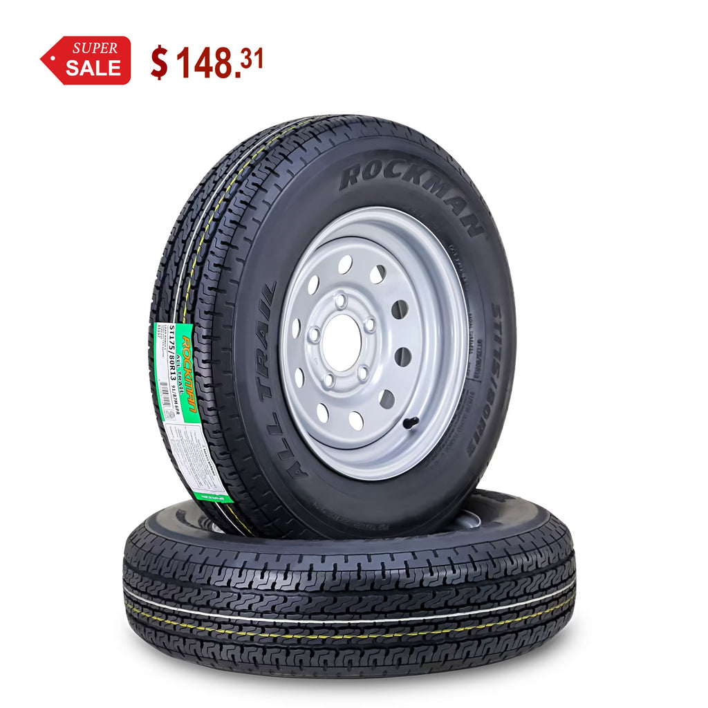 ROCKMAN Trailer Tire Wheel Assembly ST175/80R13 6 - Ply C 91M 5 Lug on 4.5" PCD Silver Mod Rim, SET 2