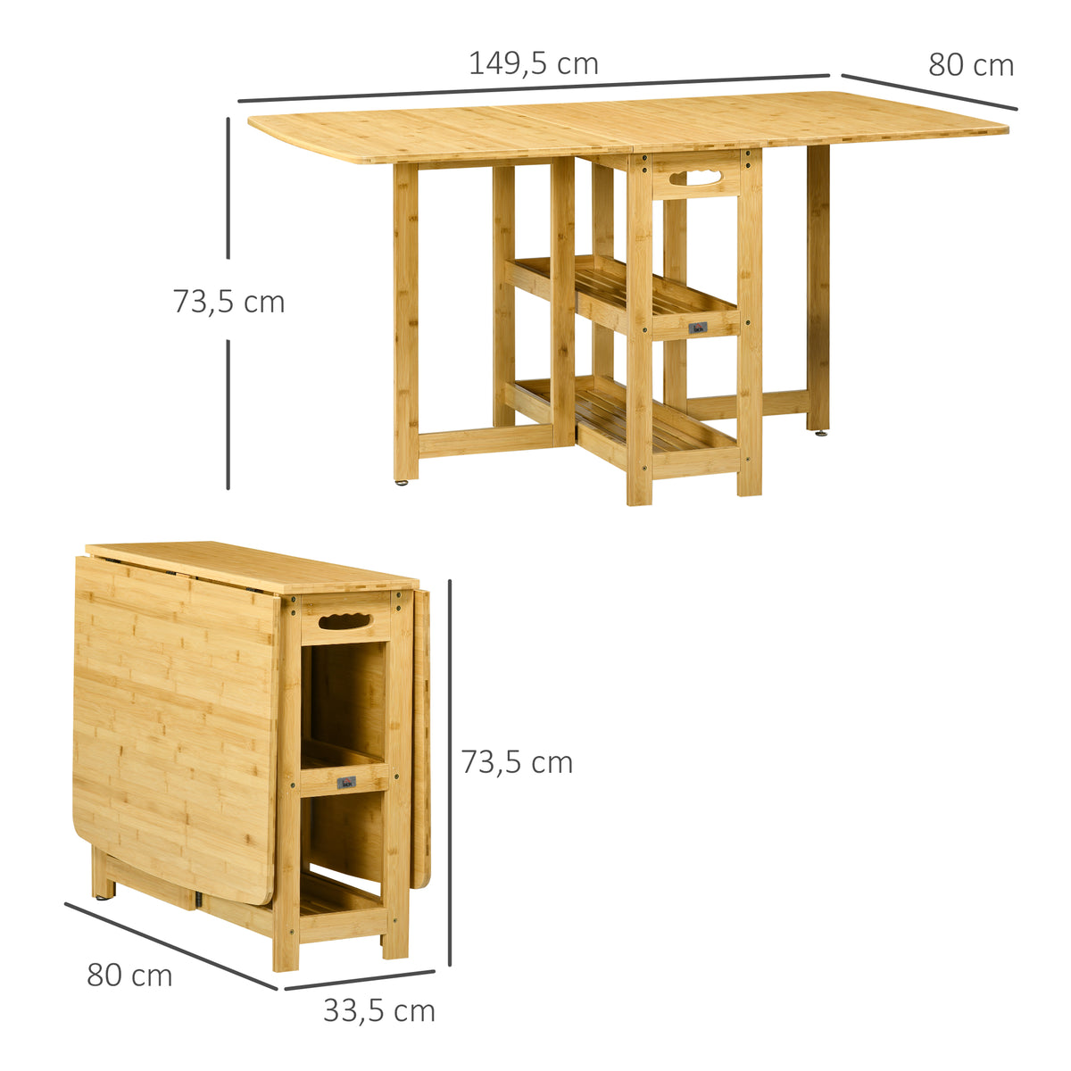 HOMCOM Klapptisch, Esstisch, zwei klappbare Seiten, zwei Ablagen, verstellbare Füße, Bambus, 149,5 x 80 x 73,5cm