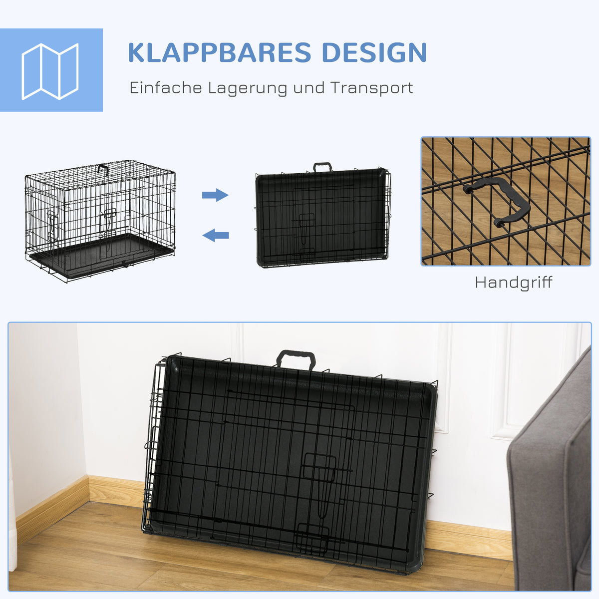PawHut Hundekäfig, Transportkäfig, Drahtkäfig, herausnehmbare Bodenwanne, Schwarz
