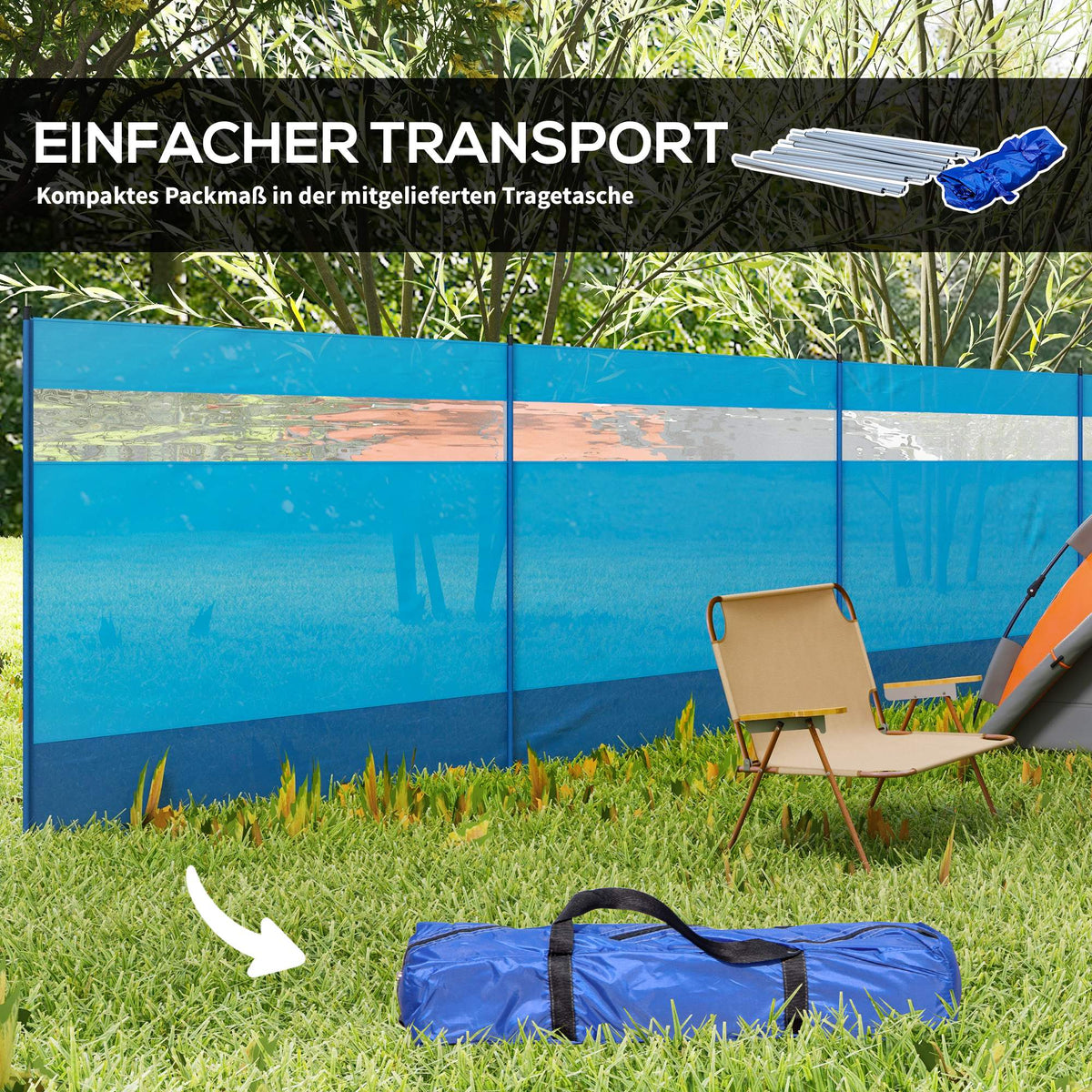 Outsunny Windschutz mit Sichtfenster und Tragetasche, Stahlstangen, 725x140cm, Blau