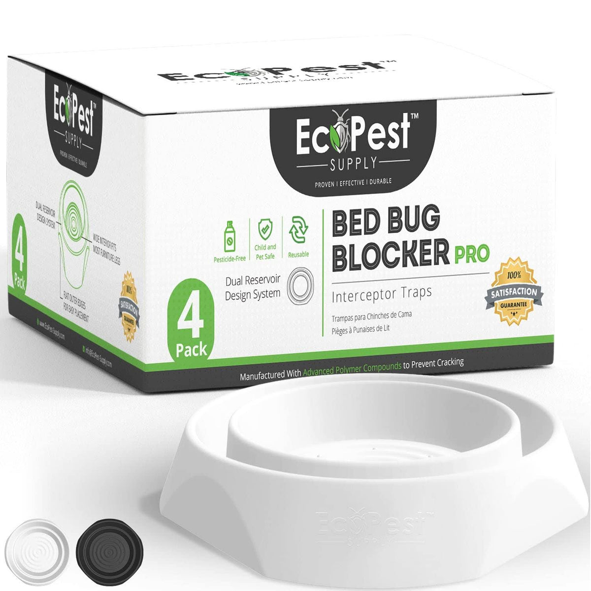 EcoPest Bed Bug Interceptors ÿ 4 Pack | Bed Bug Blocker (Pro) Interceptor Traps (White) | Insect Trap, Monitor, and Detector for Bed Legs