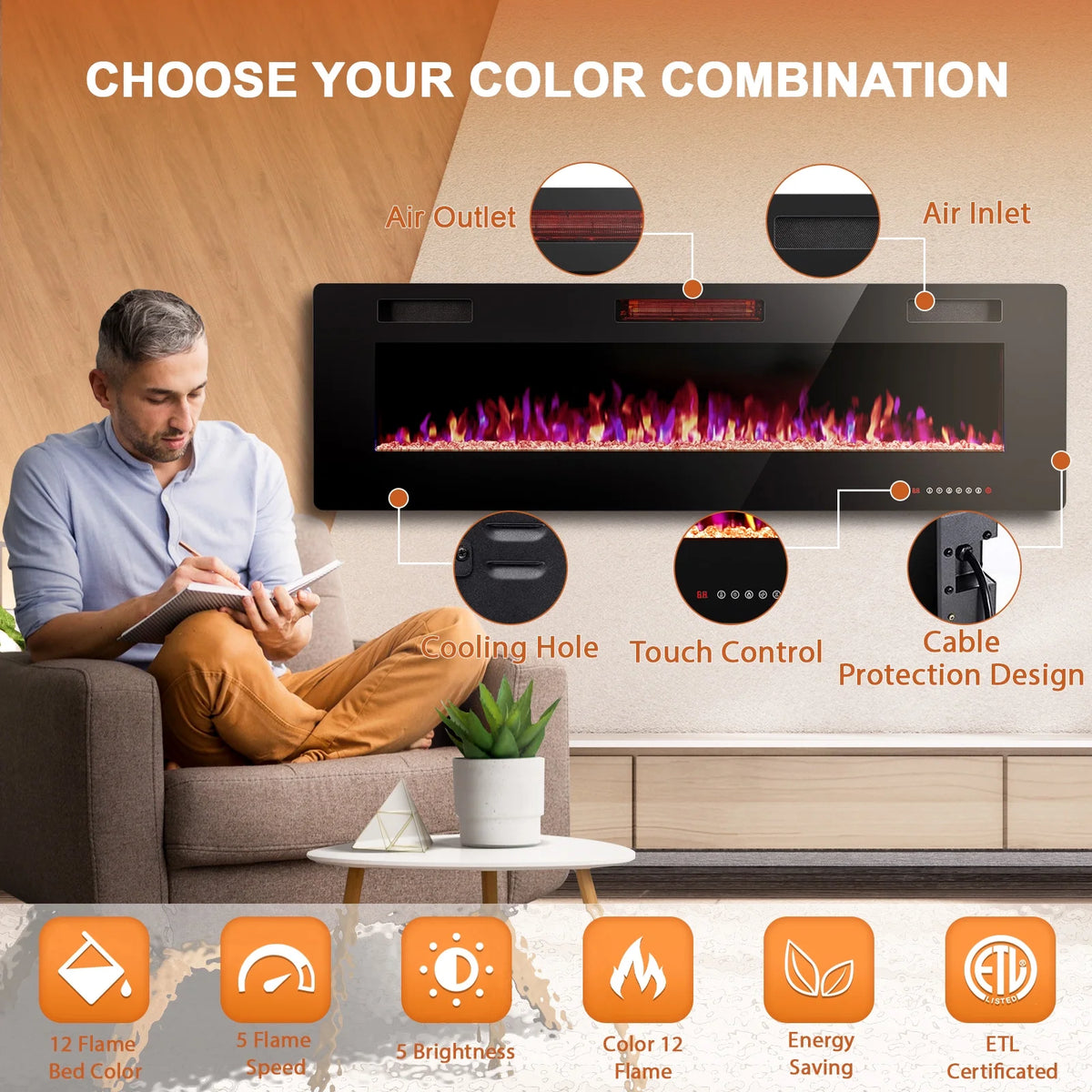 KISSAIR 60 Indoor Electric Fireplace Ultra Thin Fireplace, Wall Mounted Recessed Fireplace with Multiple Colors