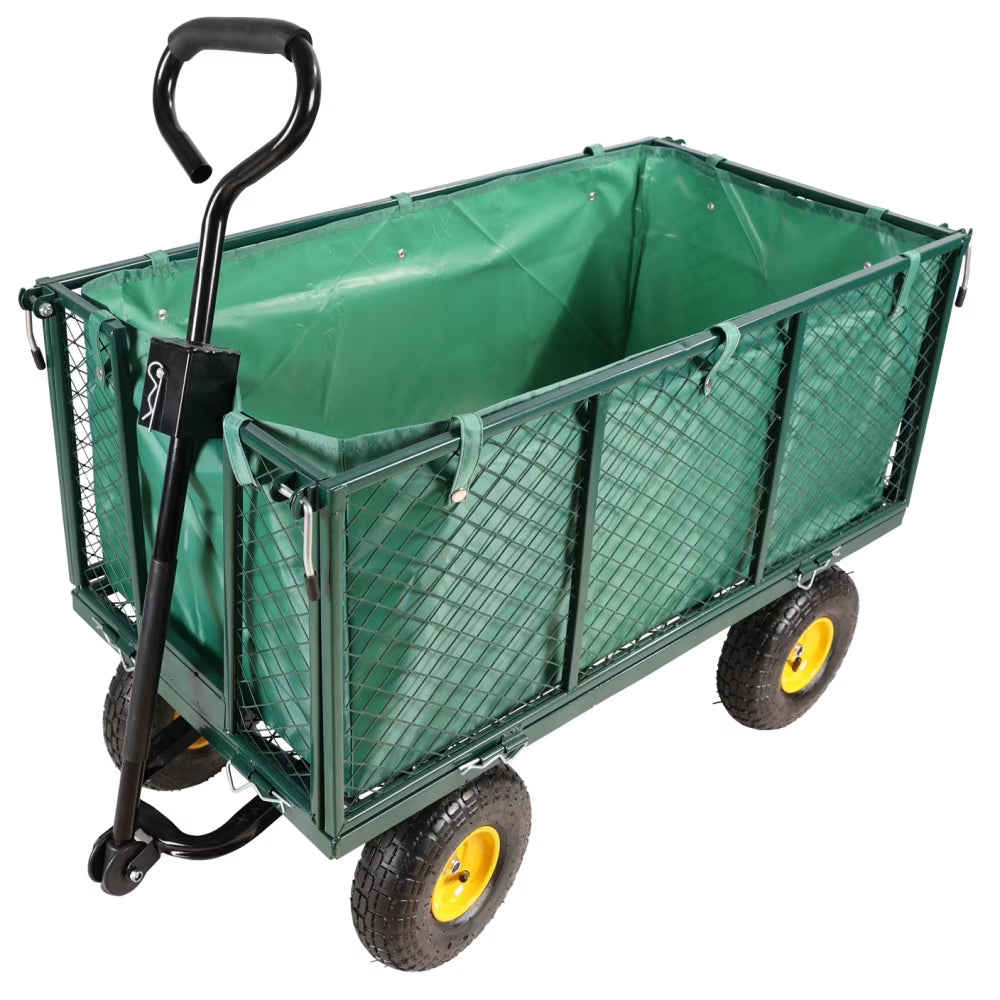 Gzxs Heavy Duty 880 lb Capacity Mesh Steel Garden Cart, Folding Utility Wagon with Removable Sides, Cart Liner, Storage Basket and 10" Large Wheels (Green)