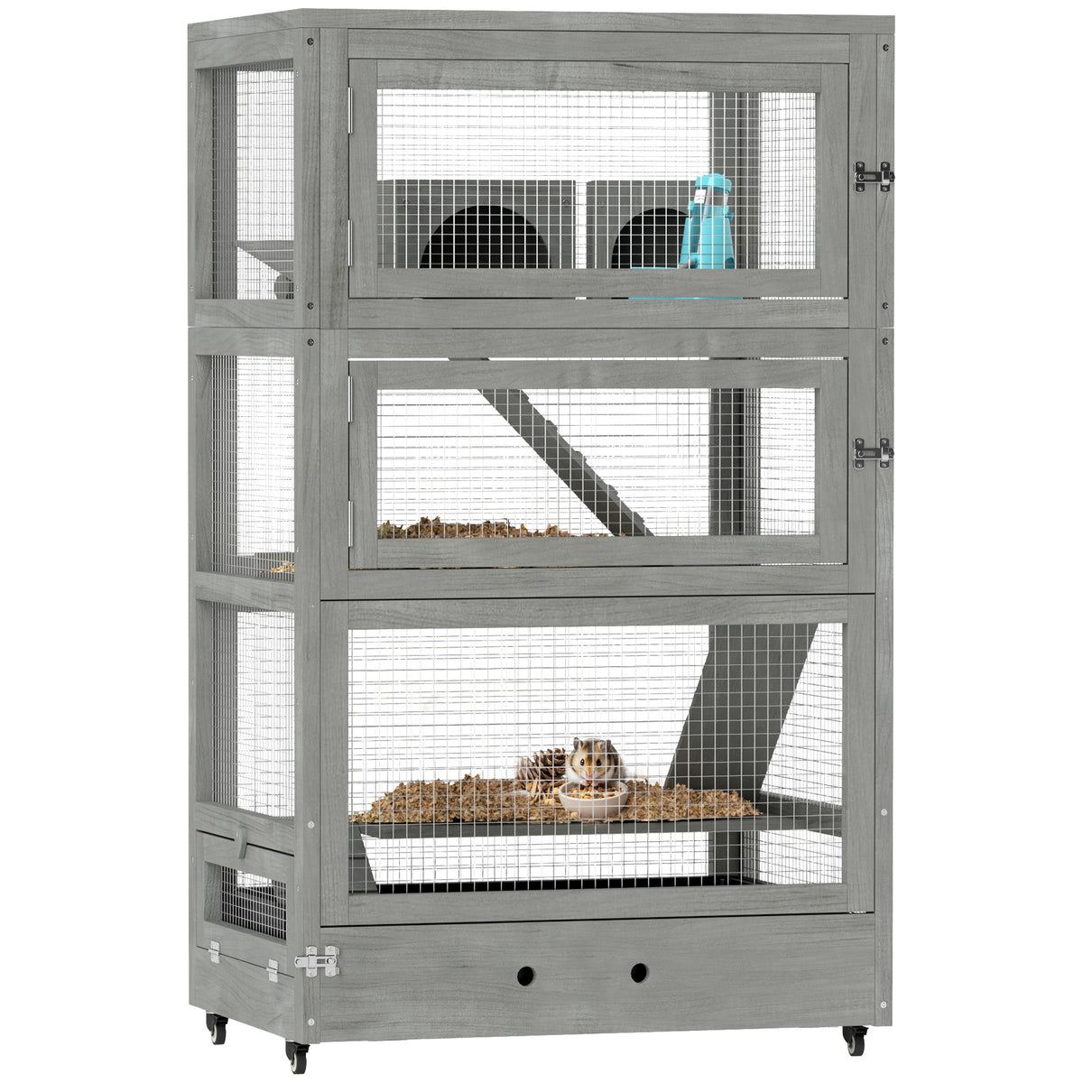 PawHut 4-stufiger Hamsterkäfig aus Holz, mit Hütten, Wippe, Futterschalen, Rampen, Rollen, 65 x 45 x 109 cm, Grau