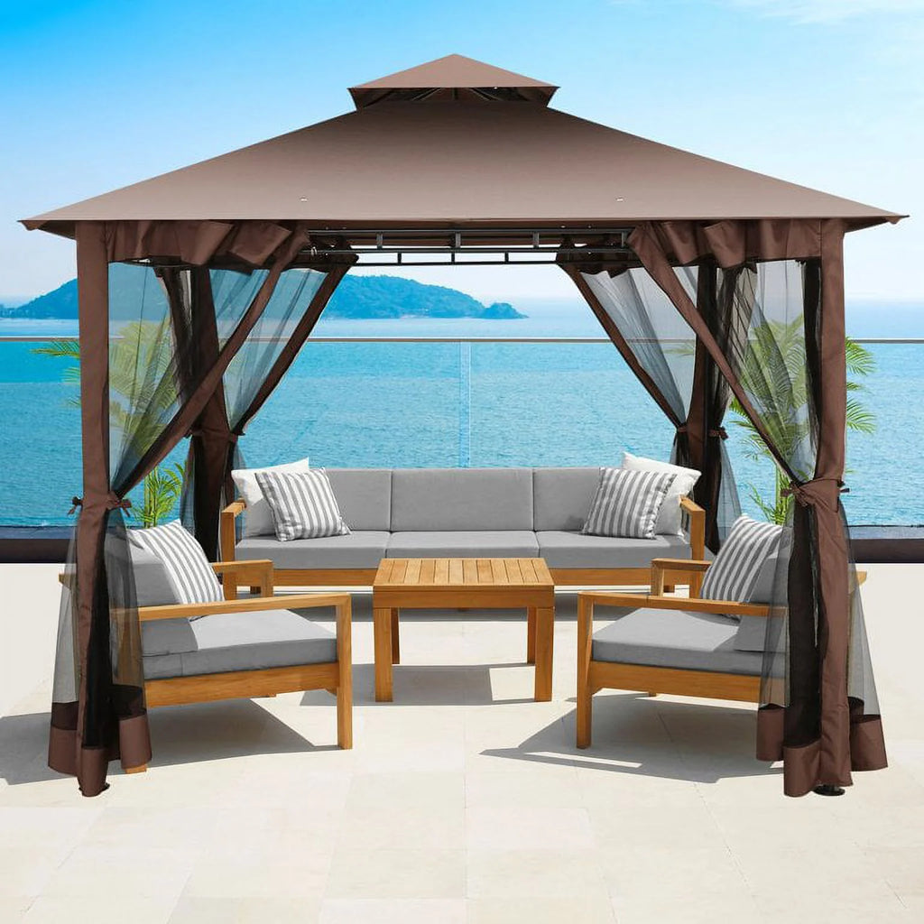 SANOPY 10' x 10' Gazebos for Patios, Gazebo Canopy with 4 Mosquito Netting, Rainproof & Sunscreen Shelter Tent with Double Eaves for Garden Backyard and Deck