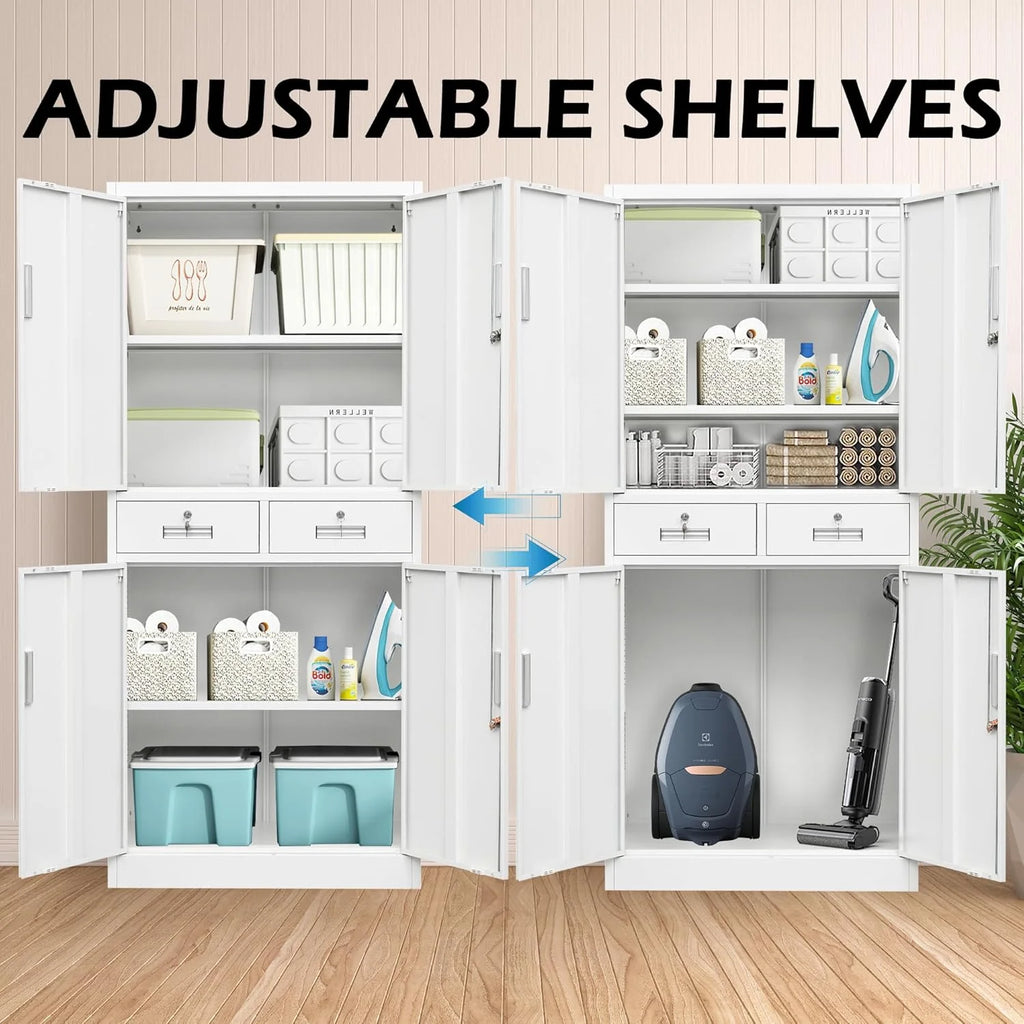 CMY Metal Storage Cabinet, 71" H x 32" W x 16" D Locking Cabinet with Adjustable Shelves and 2 Drawers, Steel Storage Cabinet for Office, Garage, Home, School, Utility Room - White