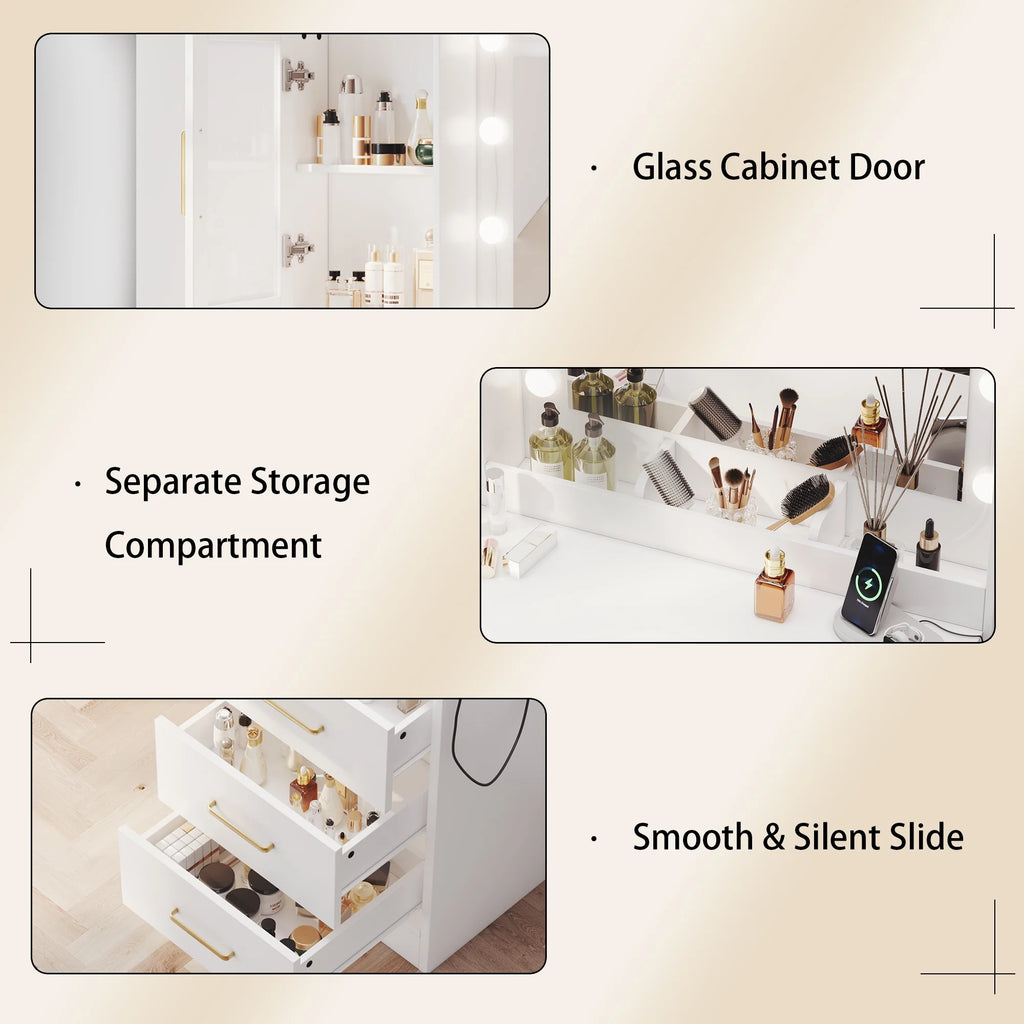 UGTOO 58.3" White Vanity Desk with Mirror, Adjustable Lighting, Power Outlet, Drawers, with Stool