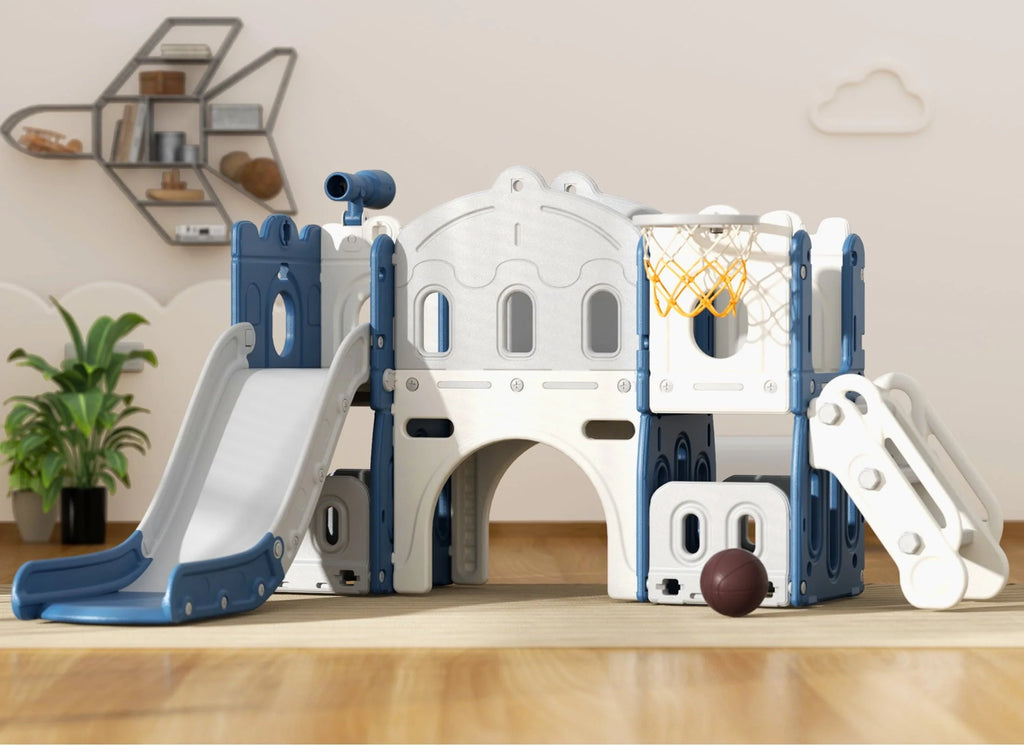 KORIMEFA 8 in 1 Kids Slide Set with Climber, Toddler Climber Slide Play Set with Basketball Hoop, Tunnel, Toddler Playground Outdoor Indoor Layground Slide Playset Age 1+