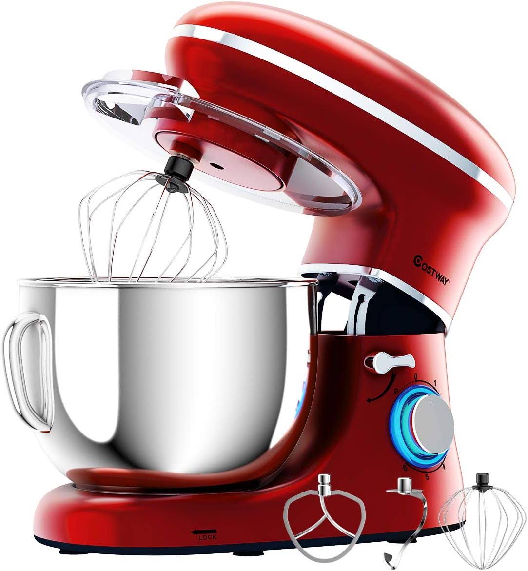 Costway 6.3Qt Tilt-Head Food Stand Mixer 6 Speed 660W w/Dough Hook, Whisk & Beater Red
