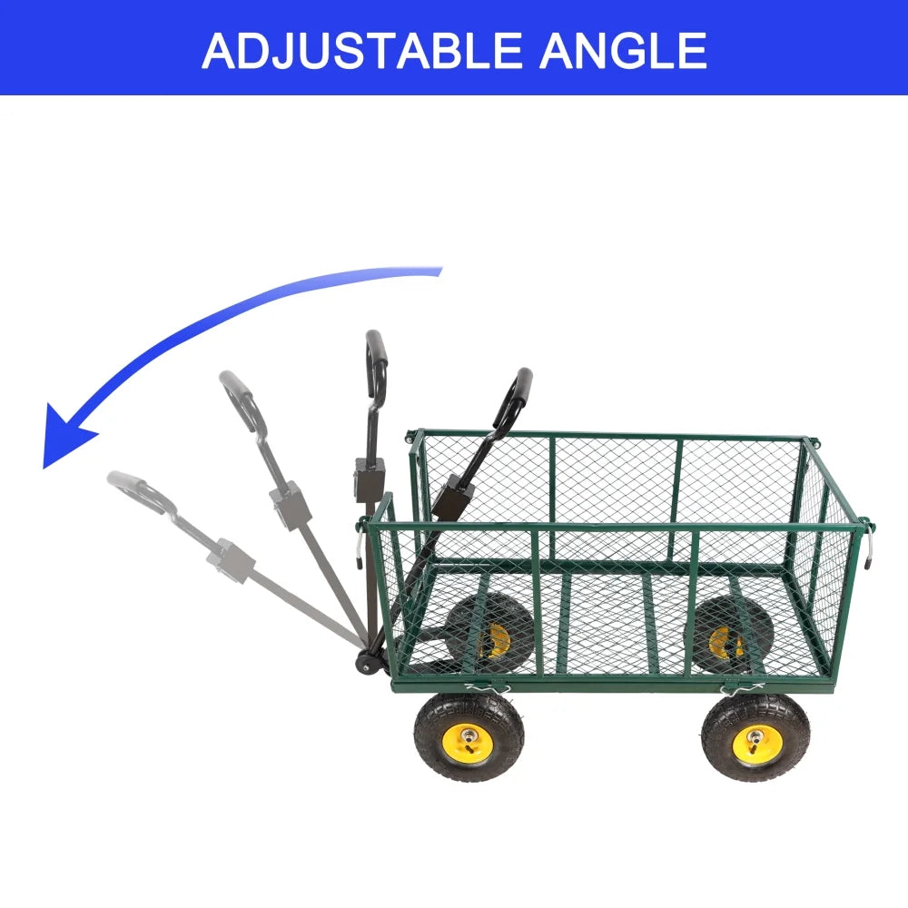 Gzxs Heavy Duty 880 lb Capacity Mesh Steel Garden Cart, Folding Utility Wagon with Removable Sides, Cart Liner, Storage Basket and 10" Large Wheels (Green)